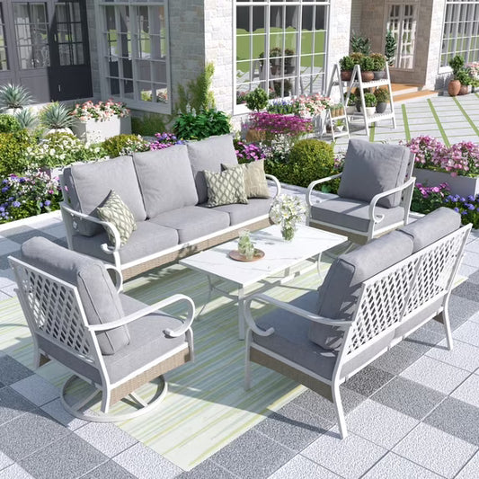 MF Studio 7-Seater Patio Conversation Set Metal Outdoor Furniture with Swivel Chair Sofa Gray