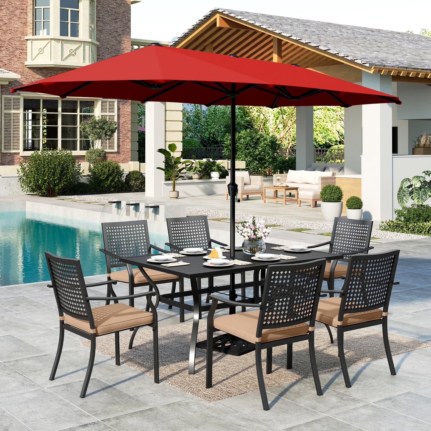 SUMMIT LIVING 8-Piece Outdoor Patio Dining Set with 13 ft Umbrella, Metal Steel Rectangle Table & 6 Stackable ArmChairs with Cushions, Black & Red