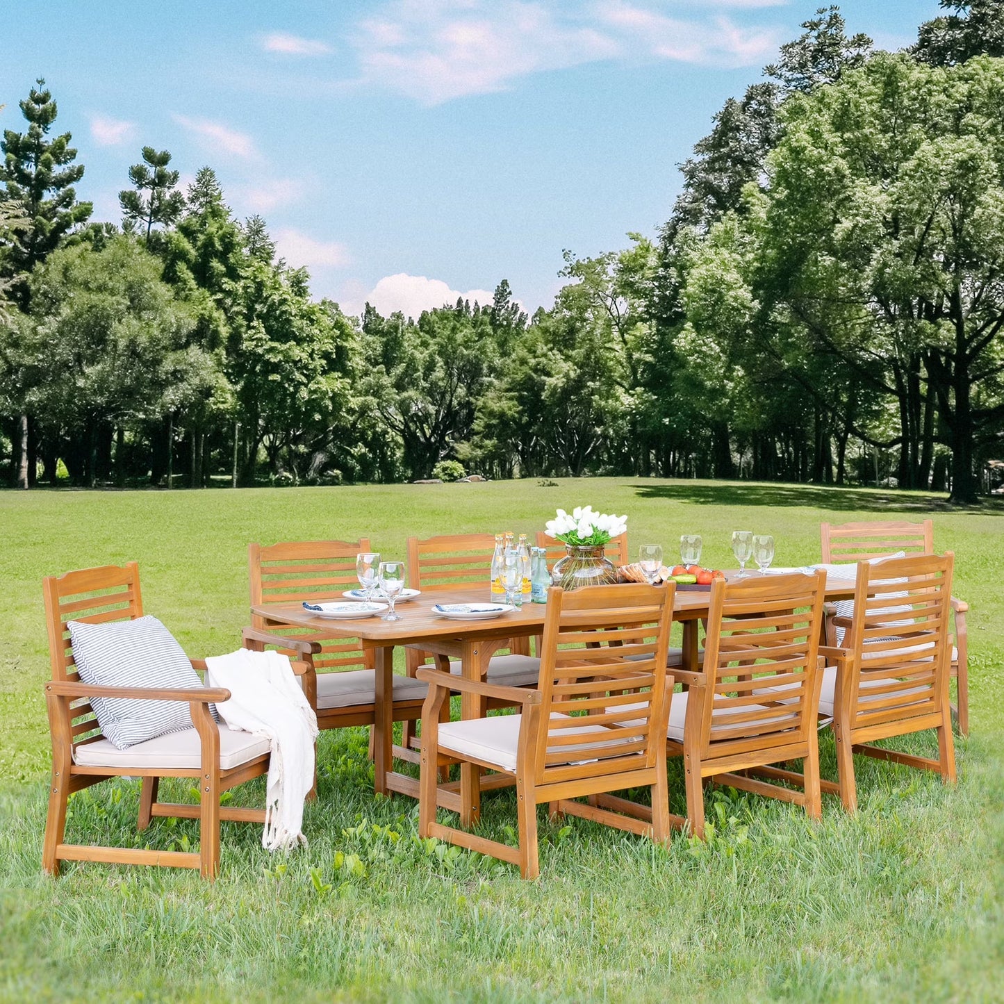 SUMMIT LIVING 9-Piece Acacia Wood Outdoor Patio Dining Set with 8 Wooden Chairs with Cushions & 1 Expandable Teak Dining Table for 6-8 Person