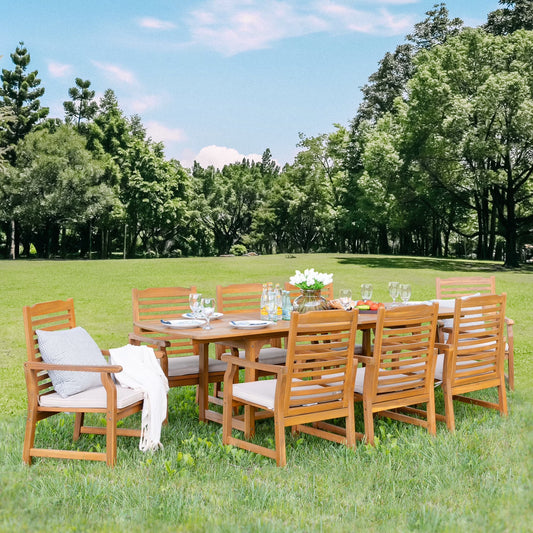 SUMMIT LIVING 9-Piece Acacia Wood Outdoor Patio Dining Set with 8 Wooden Chairs with Cushions & 1 Expandable Teak Dining Table for 6-8 Person