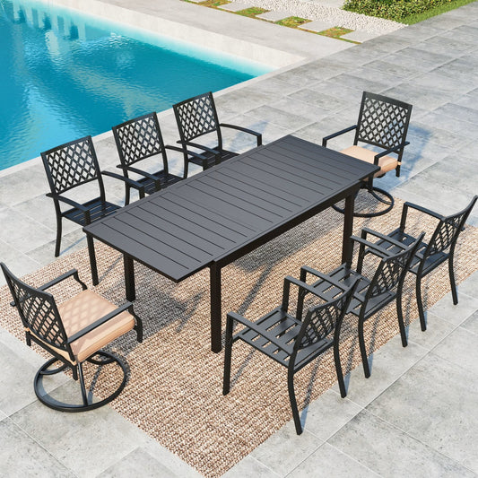 Summit Living 9-Piece Outdoor Dining Set with Swivel Chairs, 8-Person Rectangle Expandable Table, All Weather Resistance, Black