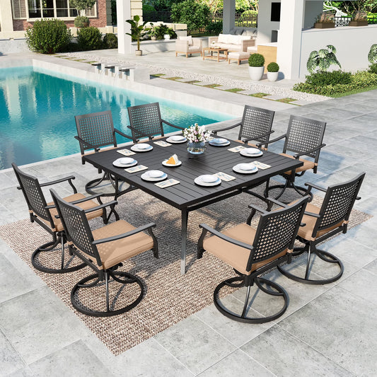 SUMMIT LIVING 9-Piece Outdoor Patio Dining Set with Large Metal Steel Square Table with Umbrella Hole & Swivel Chairs with Cushions (Weight Capacity 350 lbs) for 8-Person, Black & Biege