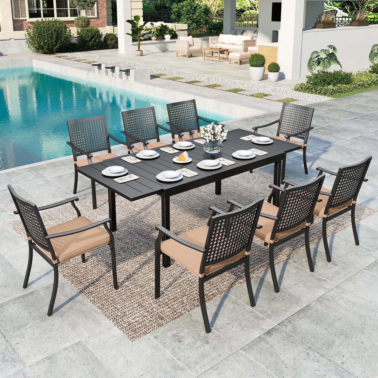 SUMMIT LIVING 9-Piece Outdoor Patio Dining Set, Metal Steel Stackable Chairs with Cushions & Extandable Rectangle Table for 8 Person, Black & Beige
