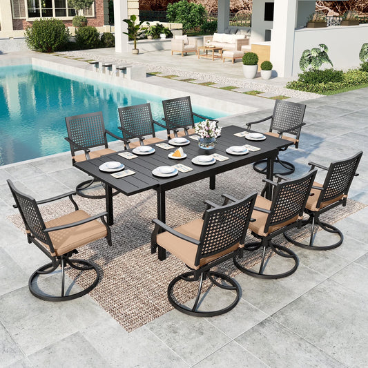 SUMMIT LIVING 9-Piece Outdoor Patio Dining Set, Metal Steel Swivel Chairs with Cushions & Extandable Rectangle Table for 8 Person, Black & Beige