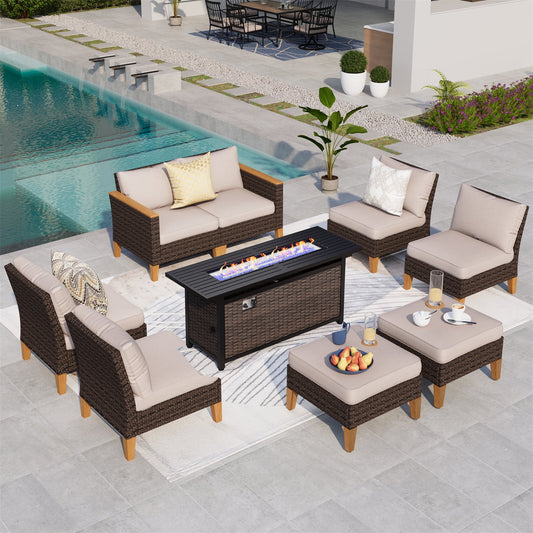 Summit Living 9 Pieces Outdoor Patio Furniture Set with 56-Inch Fire Pit Table Wicker Patio Conversation Set, Beige