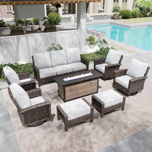 SUMMIT LIVING 9-Seat Patio Furniture Set with 56" Gas Fire Pit Table (50,000 BTU), Wicker Sectional Outdoor Conversation Set with Swivels Chairs, Light-gray