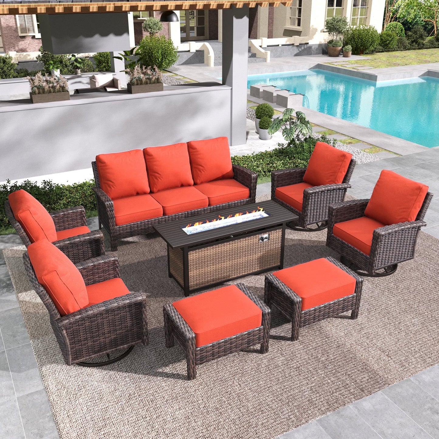 SUMMIT LIVING 9-Seat Patio Furniture Set with 56" Gas Fire Pit Table (50,000 BTU), Wicker Sectional Outdoor Conversation Set with Swivels Chairs, Red