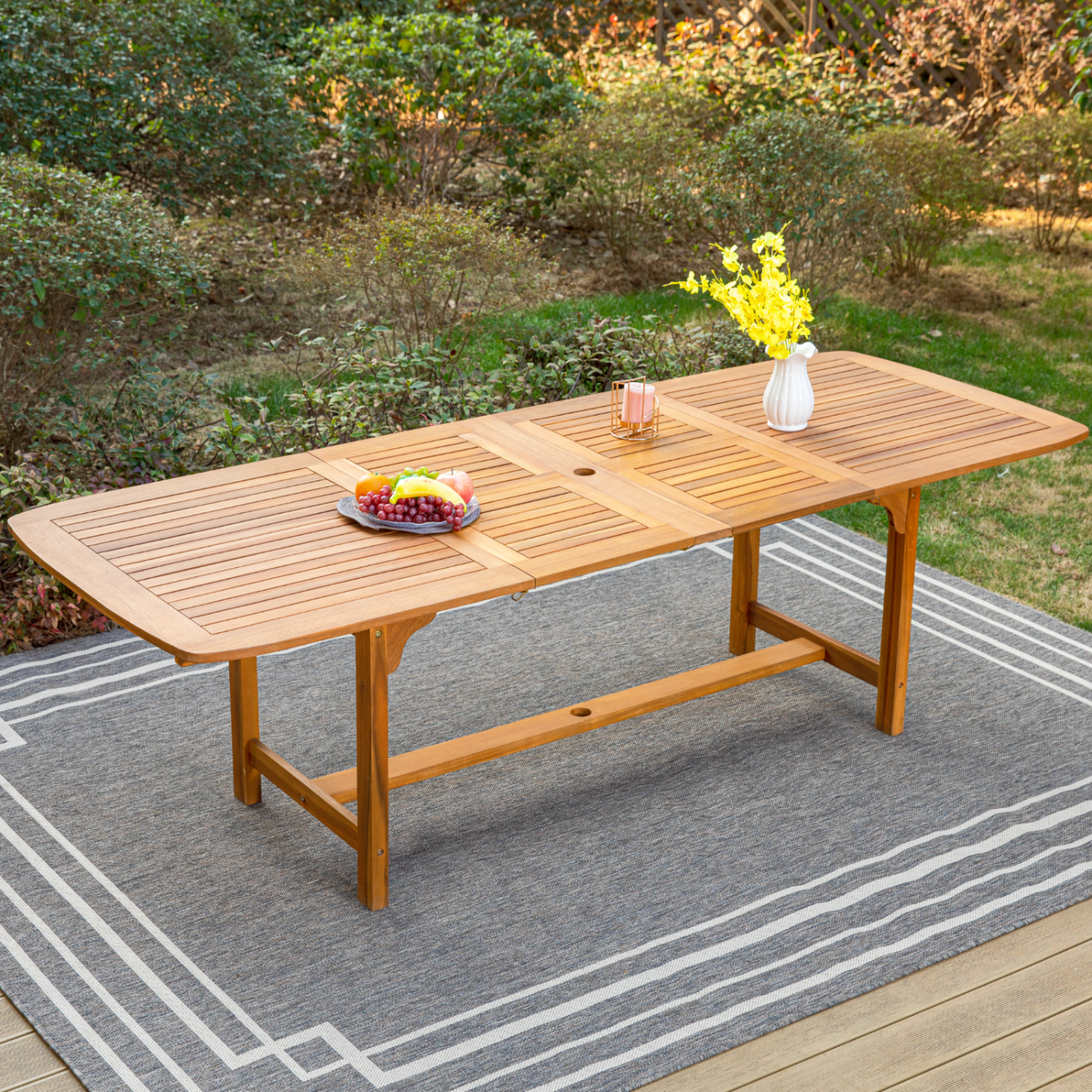 SUMMIT LIVING Acacia Wood Expandable Outdoor Dining Table, Patio Oil Finished Natural Wood Table with Umbrella Hole, Suitable for 6-8 Person
