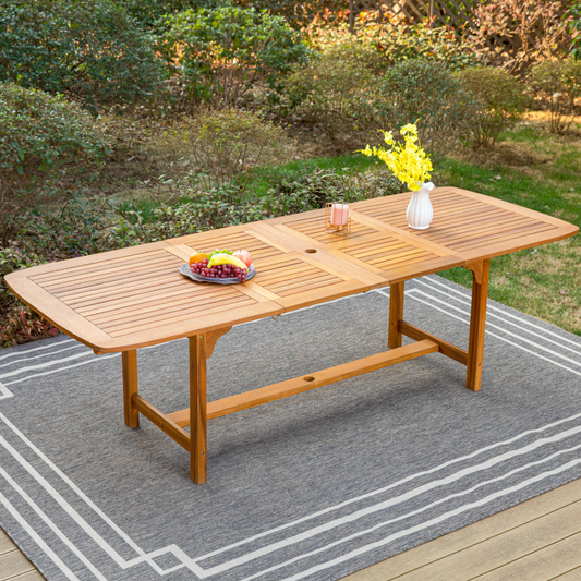 SUMMIT LIVING Acacia Wood Expandable Outdoor Dining Table, Patio Oil Finished Natural Wood Table with Umbrella Hole, Suitable for 6-8 Person