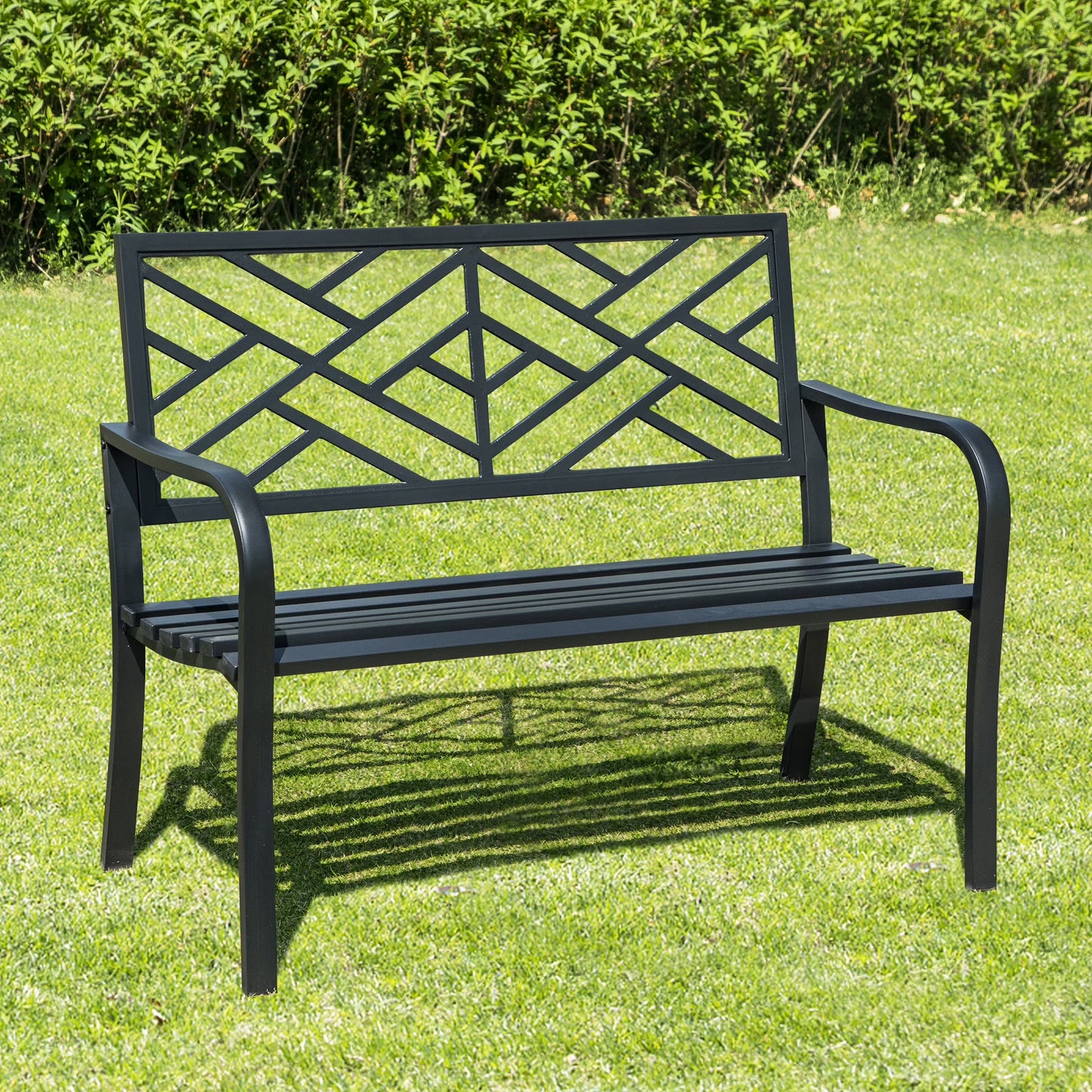 SUMMIT LIVING Outdoor Garden Bench, Cast Iron Metal Frame Patio Park Bench with Armrests for Yard, Deck, Black