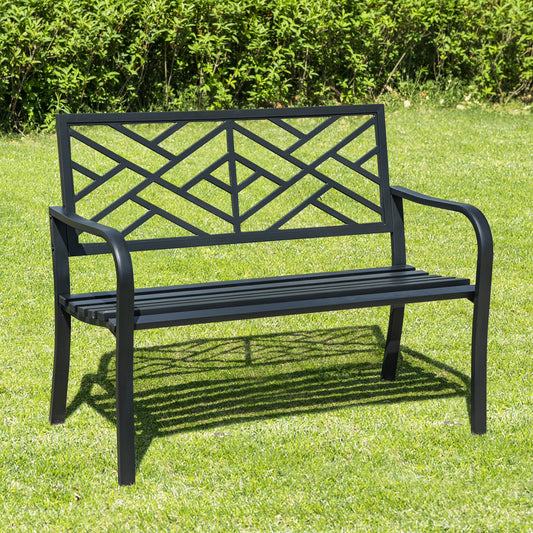 SUMMIT LIVING Outdoor Garden Bench, Cast Iron Metal Frame Patio Park Bench with Armrests for Yard, Deck, Black