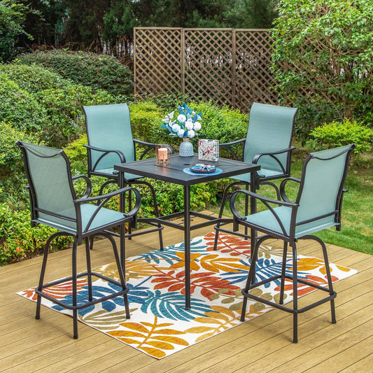 SUMMIT LIVING Outdoor Swivel Bar Stool Dining Set of 5, Patio Dining Set with Textilene High-back Bar Chairs with Armrest & Bistro Bar Table, Black & Grey