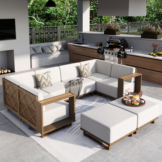 MF Studio 6-Piece Outdoor Conversation Set for 8, Wicker Patio Furniture Set, U Shaped Sectional Sofa with 2 Ottomans, Beige