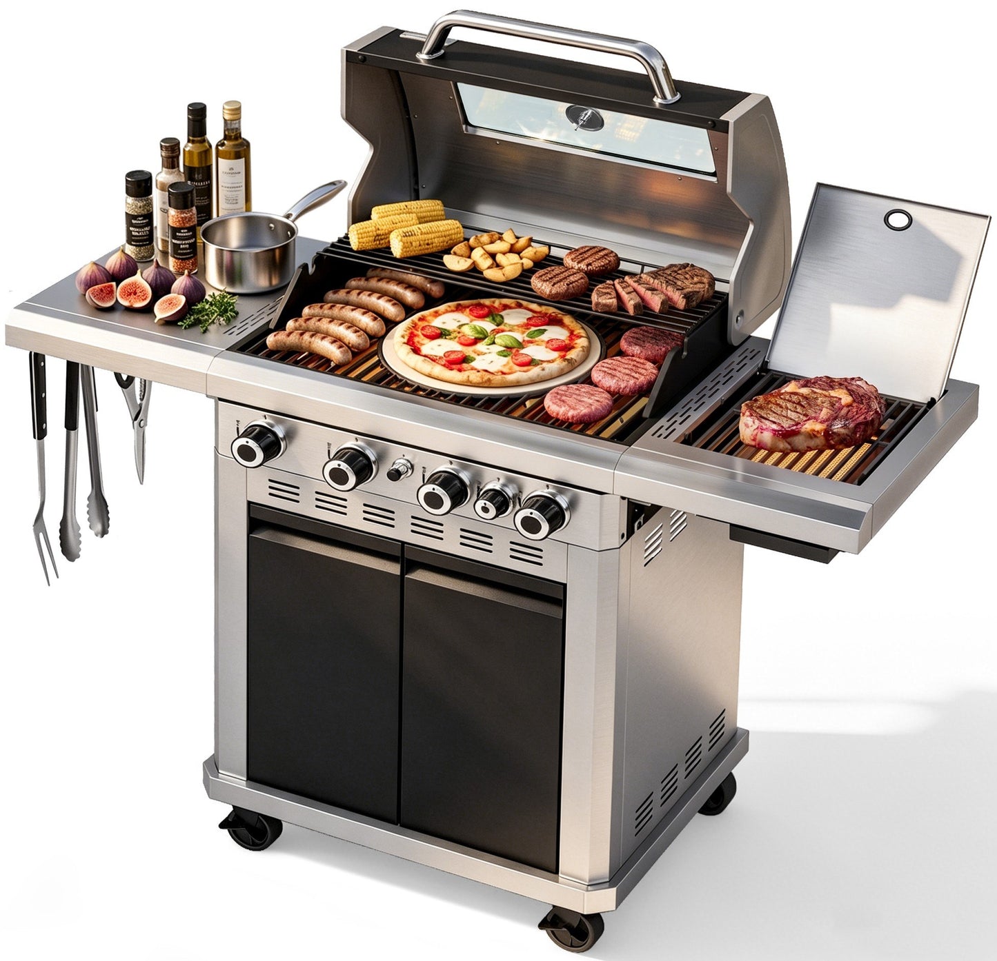 MF Studio 4 Burner Propane Gas Grill with 13500 BTU Infrared Side Burner – 604 sq.in Extra Large Cooking Area Outdoor BBQ Grill - Black