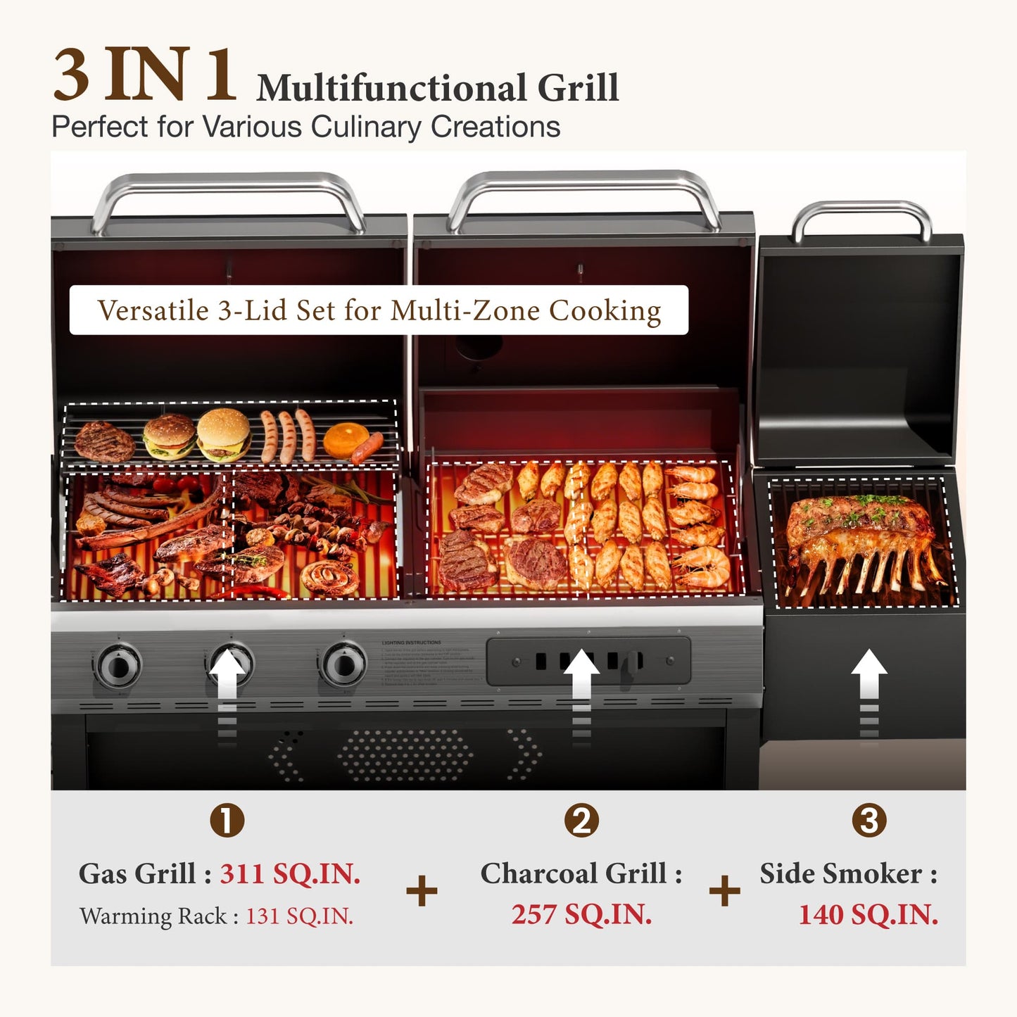MF Studio 3-Burner Gas and Charcoal Combo Grill with Offset Smoker Large Dual Fuel BBQ Grill for Outdoor
