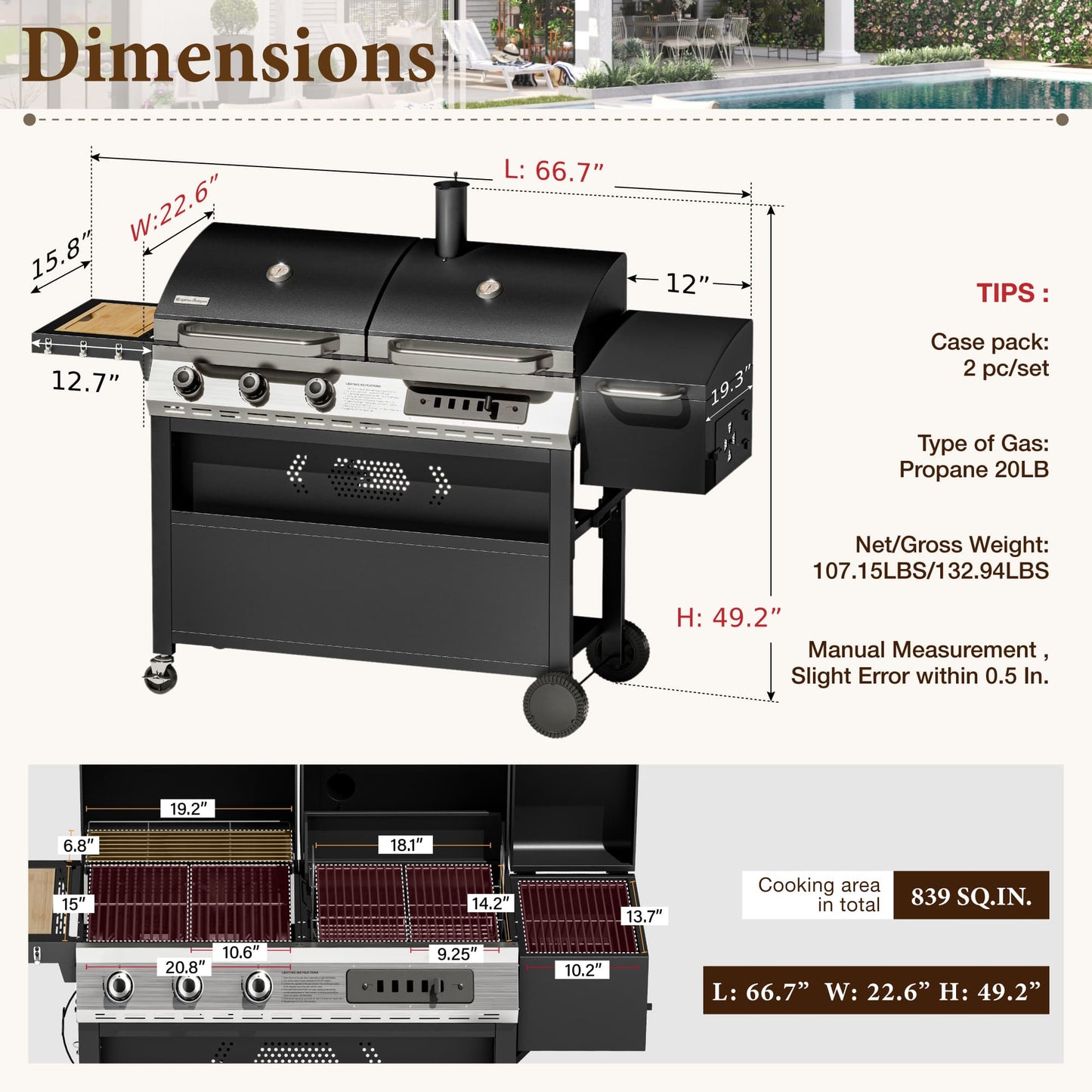 MF Studio 3-Burner Gas and Charcoal Combo Grill with Offset Smoker Large Dual Fuel BBQ Grill for Outdoor