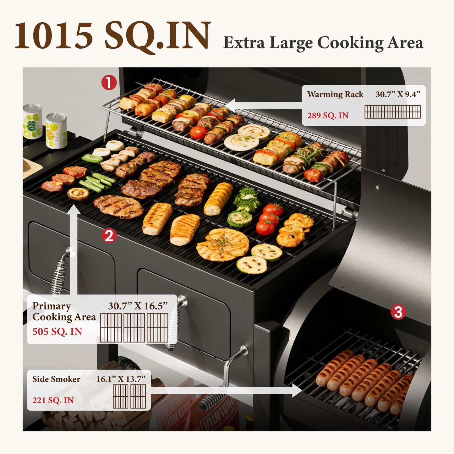 MF Studio Charcoal Grill with Offset Smoker 1015 sq in Extra Large Charcoal BBQ Grill for Outdoor Cooking