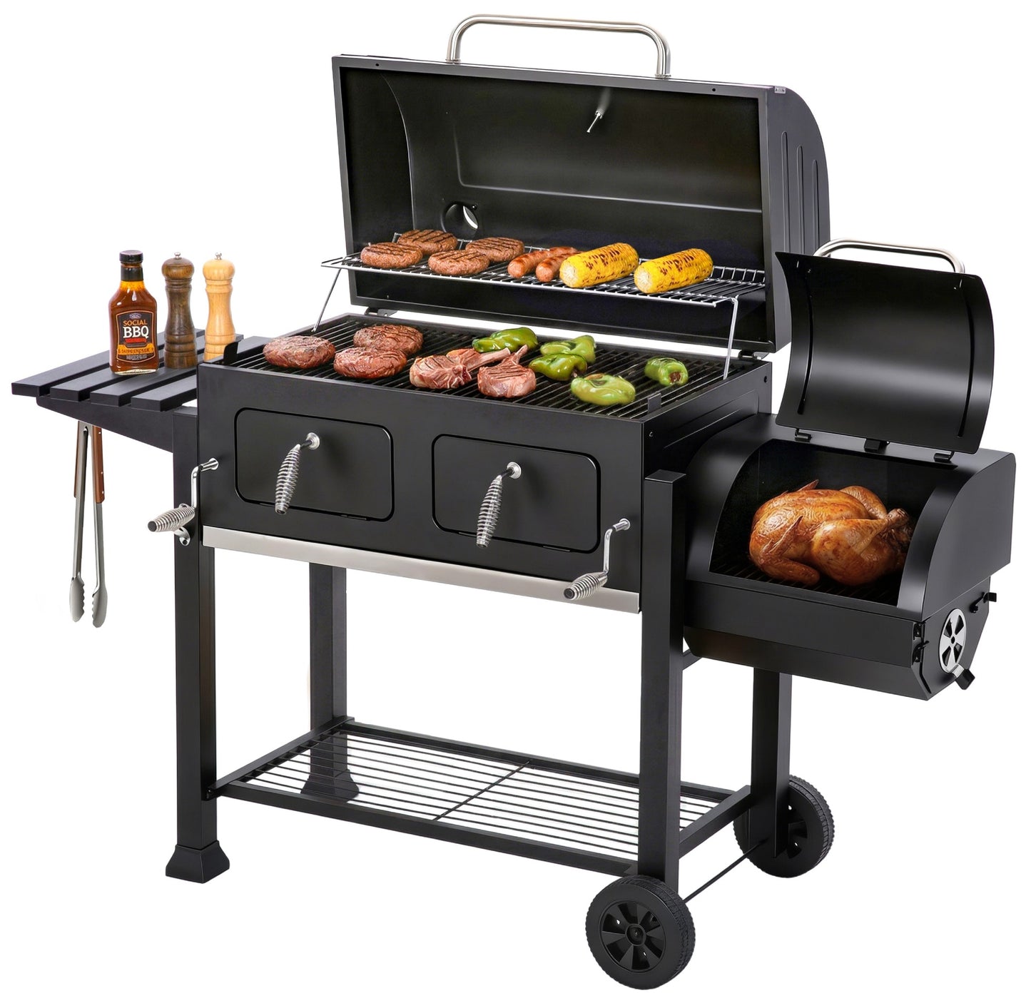 SUMMIT LIVING Charcoal Grill with Offset Smoker 1015 sq in Extra Large Charcoal BBQ Grill for Outdoor Cooking
