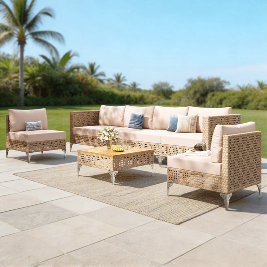 SUMMIT LIVING 4-Piece Outdoor Patio Conversation Set-All-Weather Rattan 4-Seat Sofa & 2 Armless Chairs with Washable Cushions & Acacia Wood Top Coffee Table for Porch & Balcony, Beige