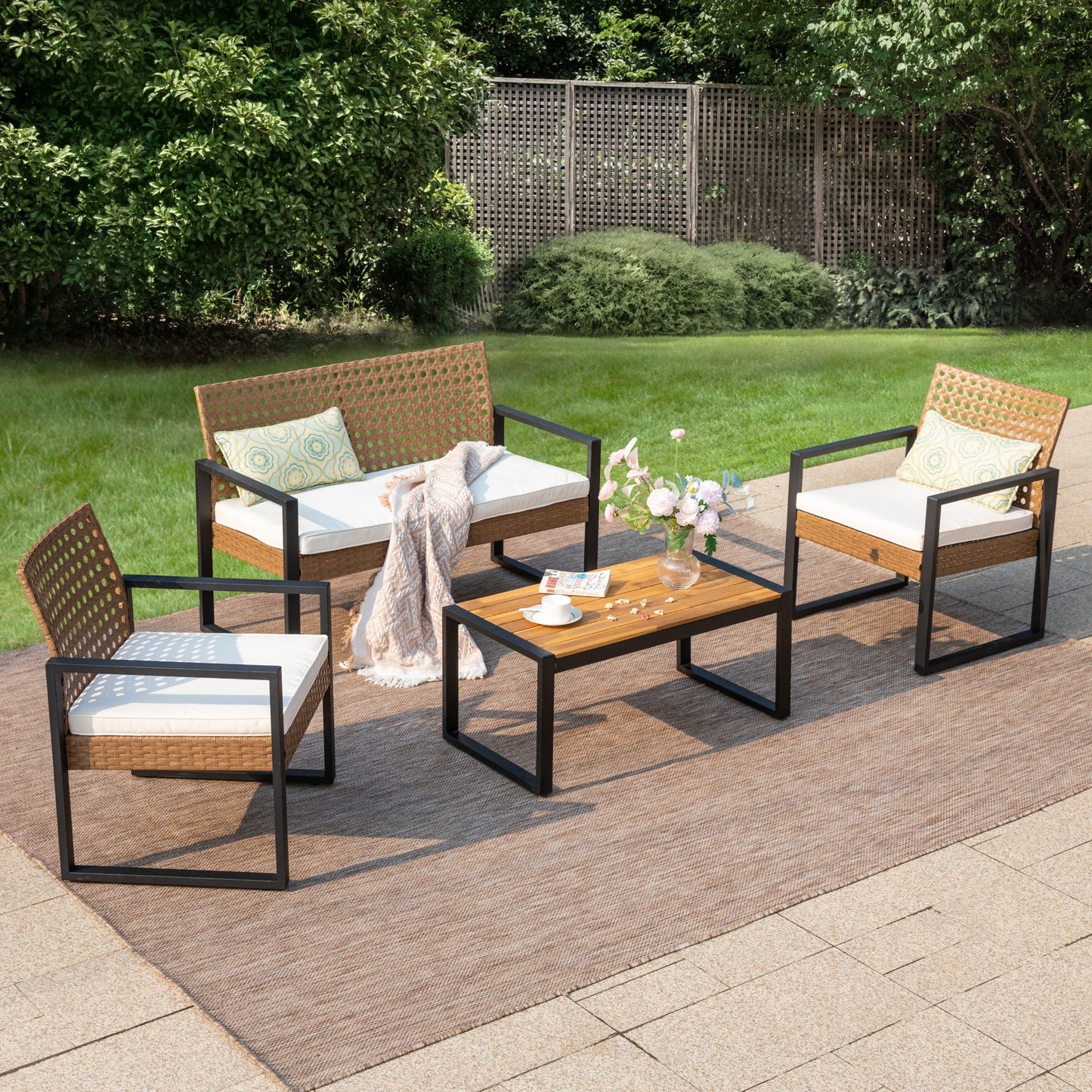 Summit Living 4-Piece Patio Conversation Set, All-Weather Wicker Outdoor Furniture Set, Brown & Beige