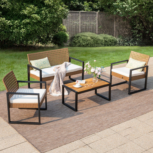 Summit Living 4-Piece Patio Conversation Set, All-Weather Wicker Outdoor Furniture Set, Brown & Beige