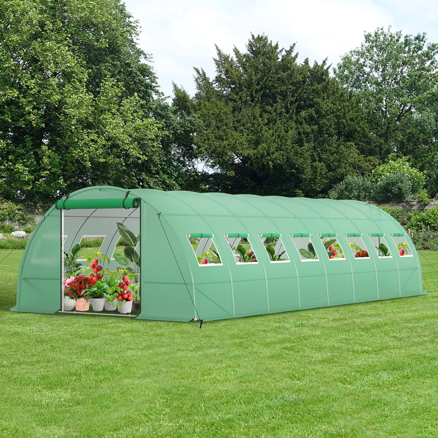 Summit Living Garden Walk-in Tunnel Greenhouse, 26×12×6.6 ft Big Outdoors Gardening Canopy Plants Shed, Galvanized Steel Frame with 2 Zippered Doors & 16 Screen Windows,Green