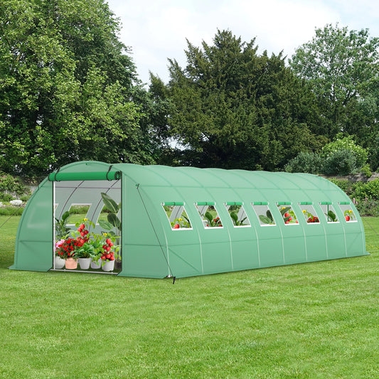 Summit Living Garden Walk-in Tunnel Greenhouse, 26×12×6.6 ft Big Outdoors Gardening Canopy Plants Shed, Galvanized Steel Frame with 2 Zippered Doors & 16 Screen Windows,Green