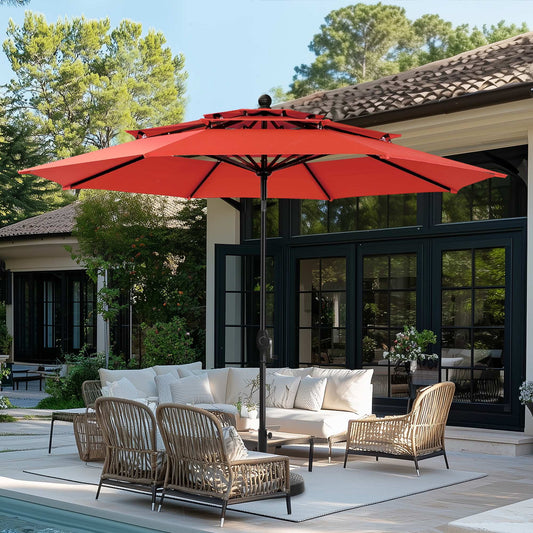 Summit Living 10ft Patio Umbrella 3-Tier Vented Outdoor Market Table Umbrella with Auto-Tilt – Orange Red