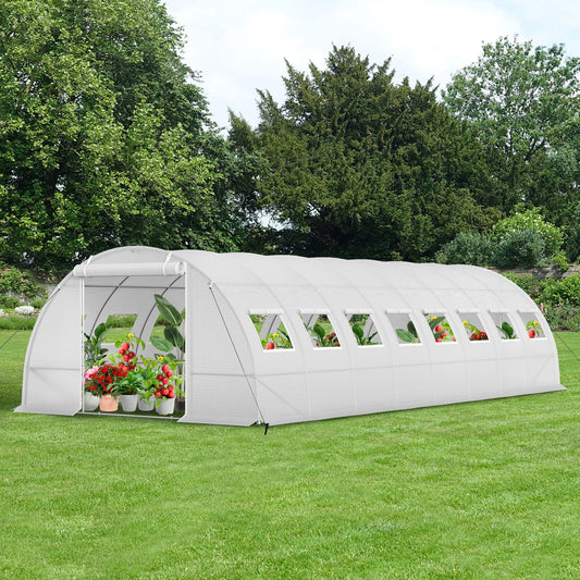 Summit Living Garden Walk-in Tunnel Greenhouse, 26×12×6.6 ft Big Outdoors Gardening Canopy Plants Shed, Galvanized Steel Frame with 2 Zippered Doors & 16 Screen Windows, White