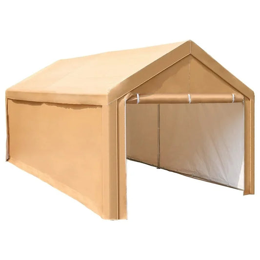 MF Studio 10' X 20’ Carport Heavy Duty Car Canopy Galvanized Car Boat Shelter with Removable Sidewalls and Doors, Beige