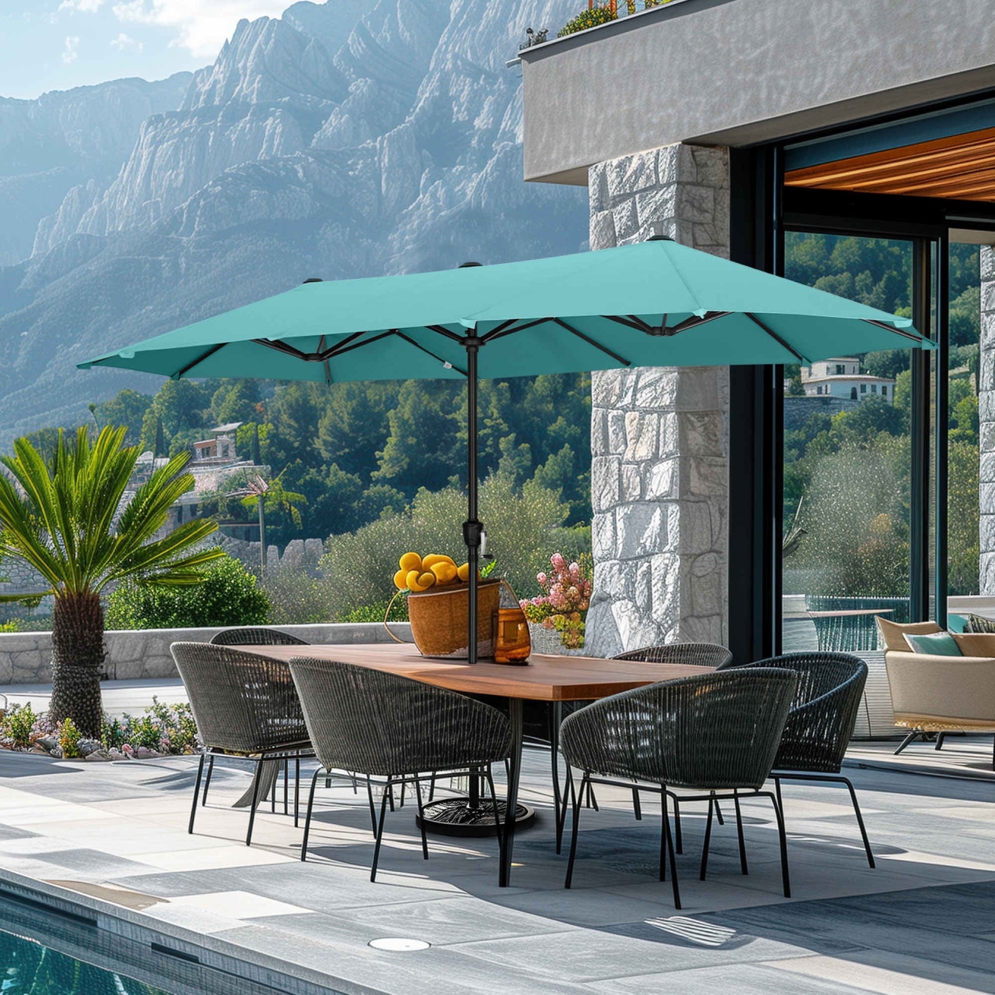 SUMMIT LIVING 13 ft Large Patio Umbrella Double-Sided Rectangular Outdoor Market Table Umbrella for Outside – Turquoise
