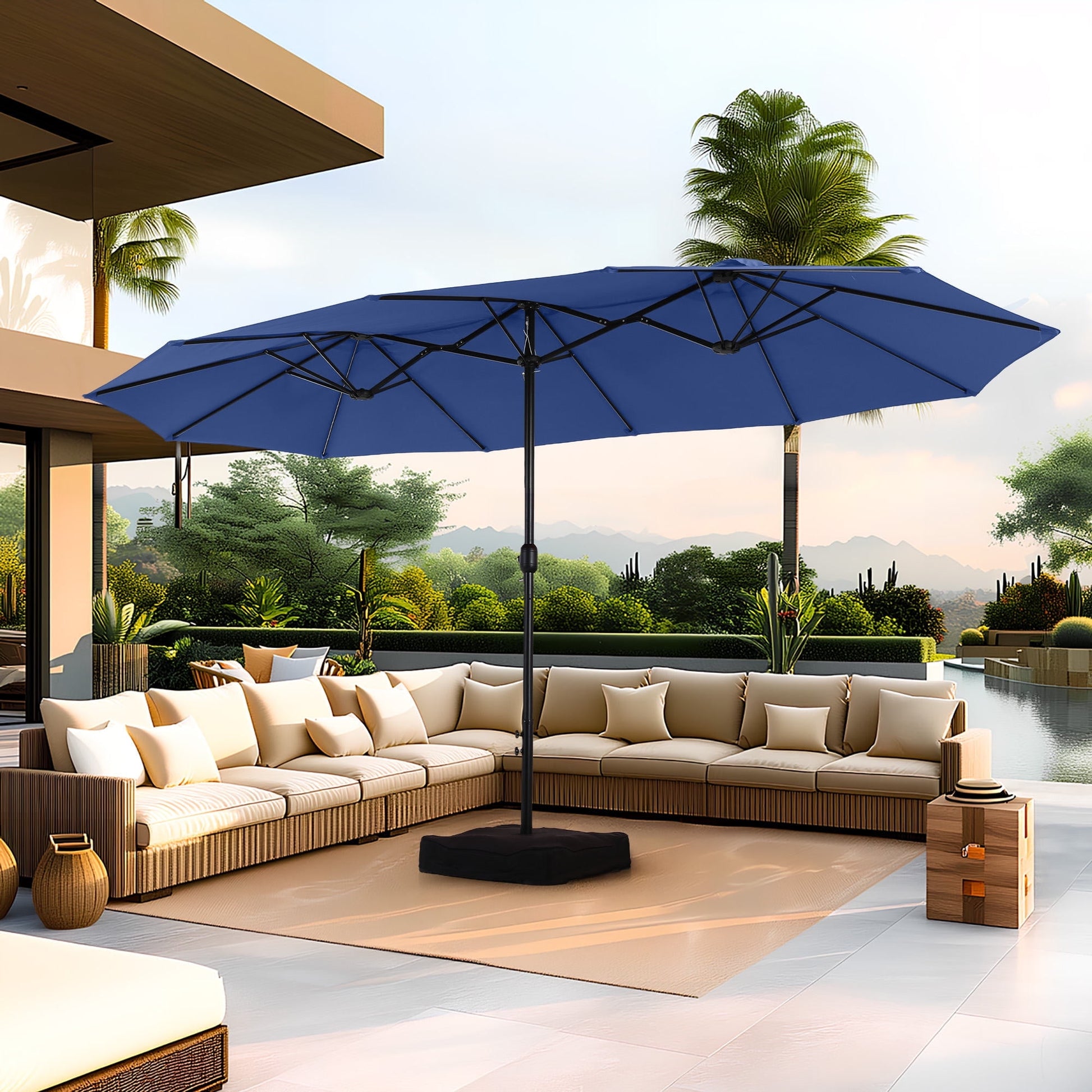 15 patio umbrella SUMMIT LIVING 15 ft Large Patio Umbrella with Base (Included) Double-Sided Rectangular Outdoor Deck Umbrella for Outside