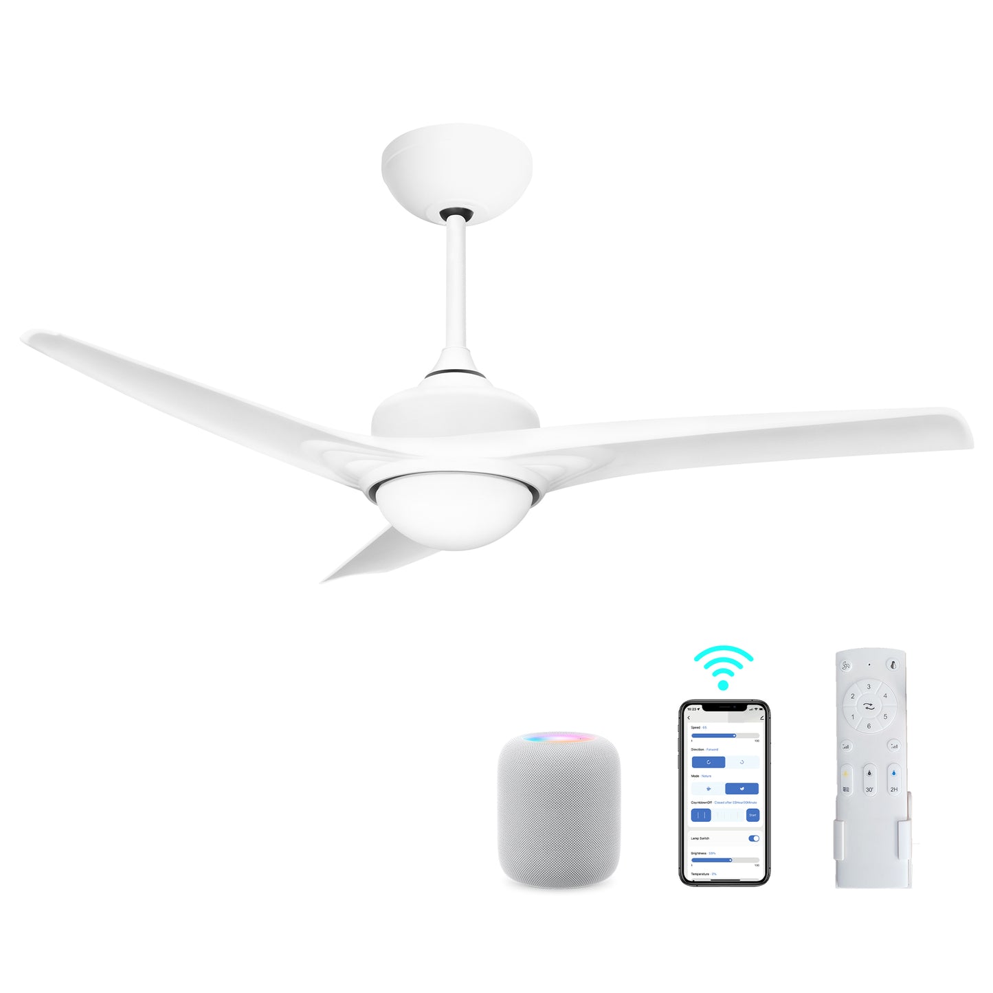 Summit Living 52" Smart Ceiling Fan with LED Light, APP/Remote/Voice Control, 6 Quiet Speeds, 3 Adjustable Color Tones, Reversible Blades & 2 Down-Rod Lengths, White