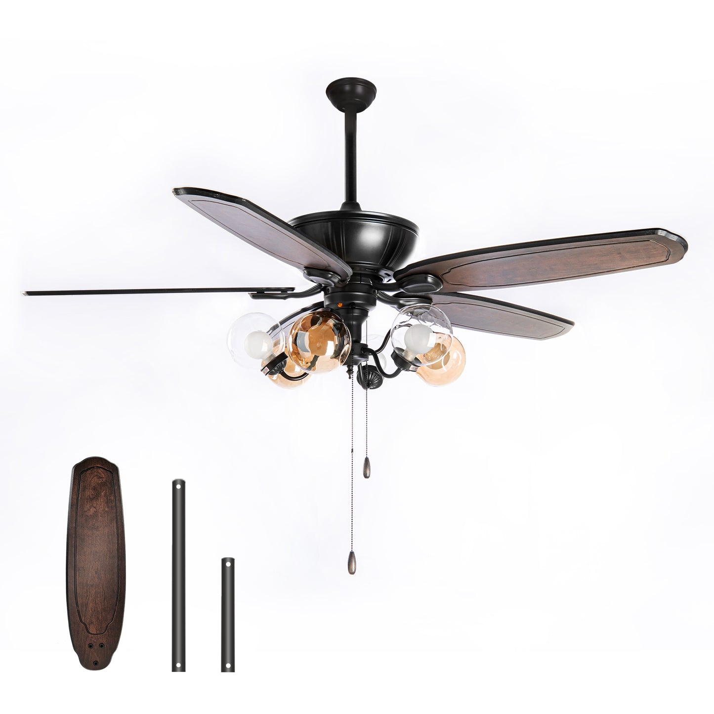 Summit Living 53" Classic Ceiling Fan with Light and Pull Chain Control, Noiseless 5 Reversible Blades & 3 Speed Options & 3 Lightning Models for Bedroom, Kitchen & Living Room