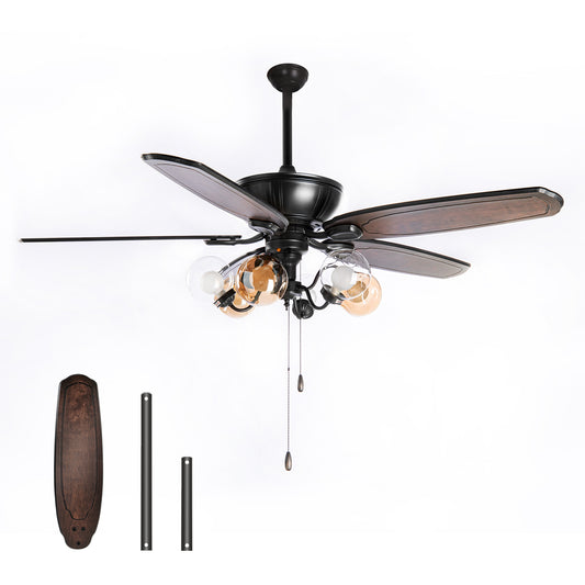 Summit Living 53" Classic Ceiling Fan with Light and Pull Chain Control, Noiseless 5 Reversible Blades & 3 Speed Options & 3 Lightning Models for Bedroom, Kitchen & Living Room