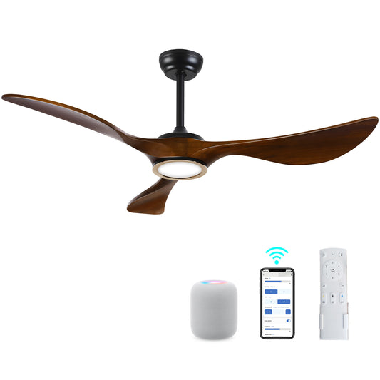 Summit Living 52" Wooden Smart Ceiling Fan with LED Light, APP/Remote/Voice Control, 6 Quiet Speeds, 3 Adjustable Color Tones, Reversible Solid Wood Blades & 2 Down-Rod Lengths, Brown