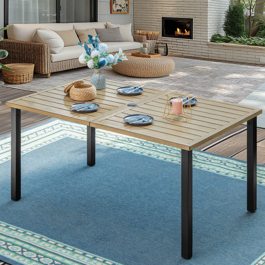 SUMMIT LIVING 60" x 36" Rectangle Metal Outdoor Patio Dining Table for 6, Wood-Grain Patio Table with Umbrella Hole