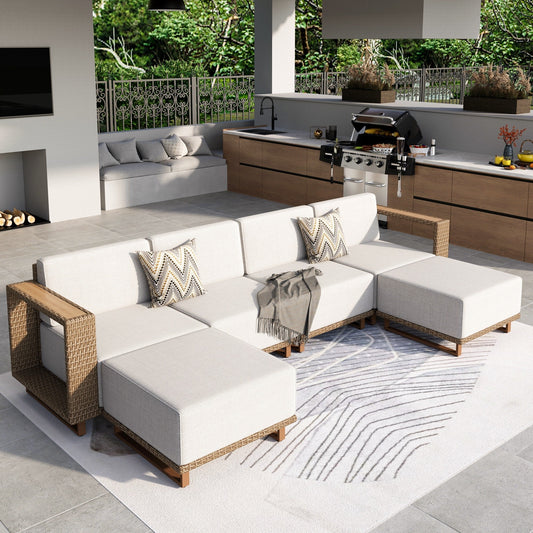 MF Studio 5-Piece Patio Furniture Set, Wicker Outdoor Conversation Set with 2 Ottomans, Outdoor Sectional Sofa with Thick Cushions, Beige