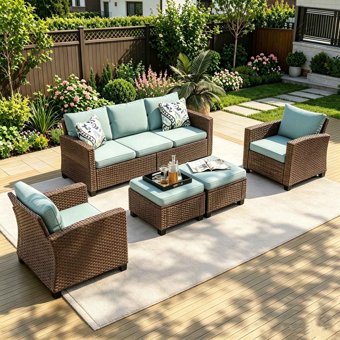 MF Studio 7 Seater Outdoor Patio Conversation Set Wicker Sectional Furniture Sofa Set Blue