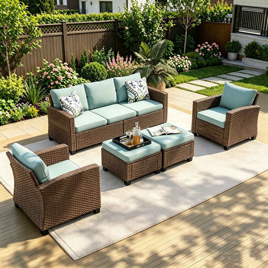 MF Studio 7 Seater Outdoor Patio Conversation Set Wicker Sectional Furniture Sofa Set Blue