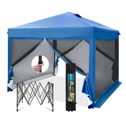 Summit Living 10x10ft Outdoor Pop up Canopy Tents with Netting Event Shelter for Outside Blue
