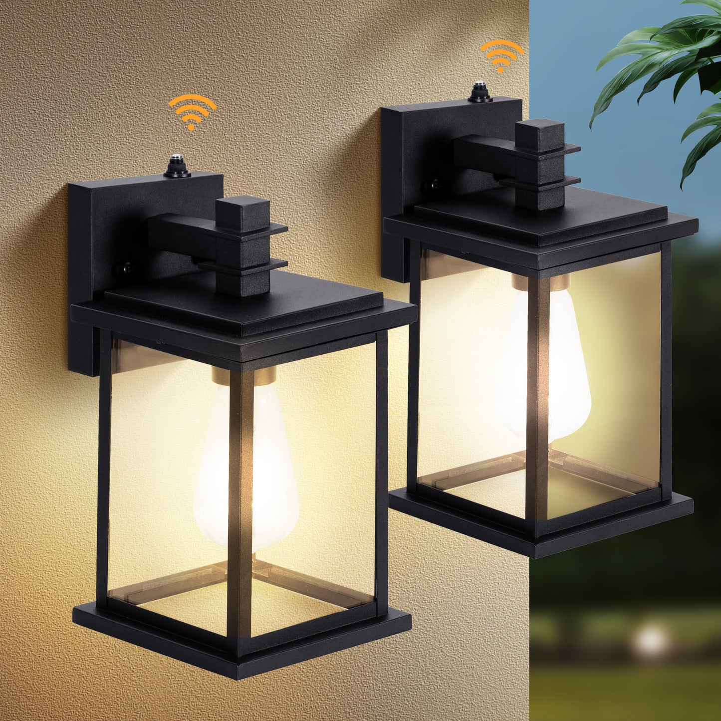 MF Studio 2-Pack Black Die-Cast Aluminum Outdoor Wall Light, Dusk to Dawn Sconce Lantern Light with E26 Bulb Base & Cylindrical Clear High Strength Glass Shade for Porch, Street, Front Door, Garage