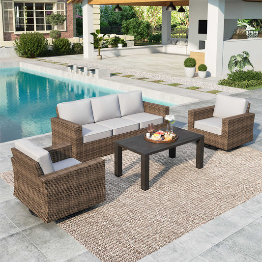 Summit Living 4 Pieces Patio Conversation Set Wicker Outdoor Furniture Sofa Sectional Sofa Set Beige