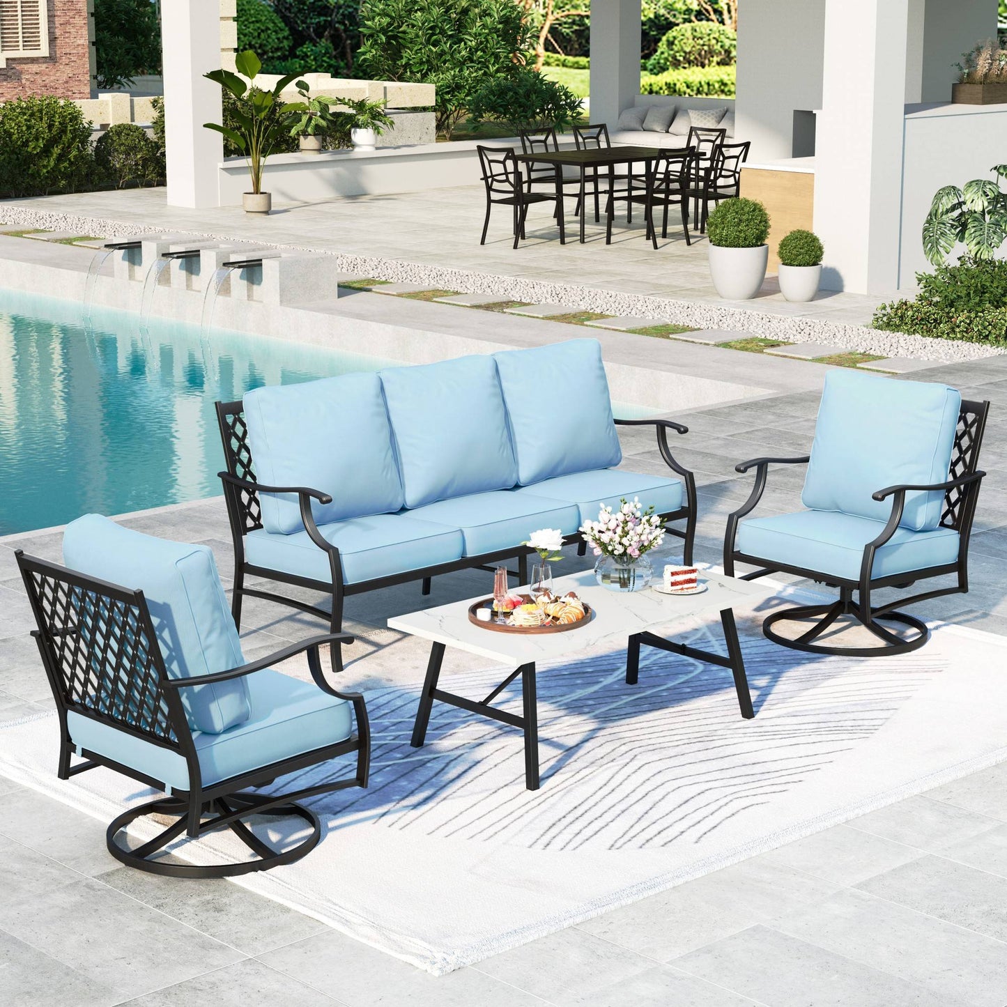 Summit Living 5-Seater Patio Conversation Set Metal Outdoor Furniture Set with Swivel Chairs and Table - Blue