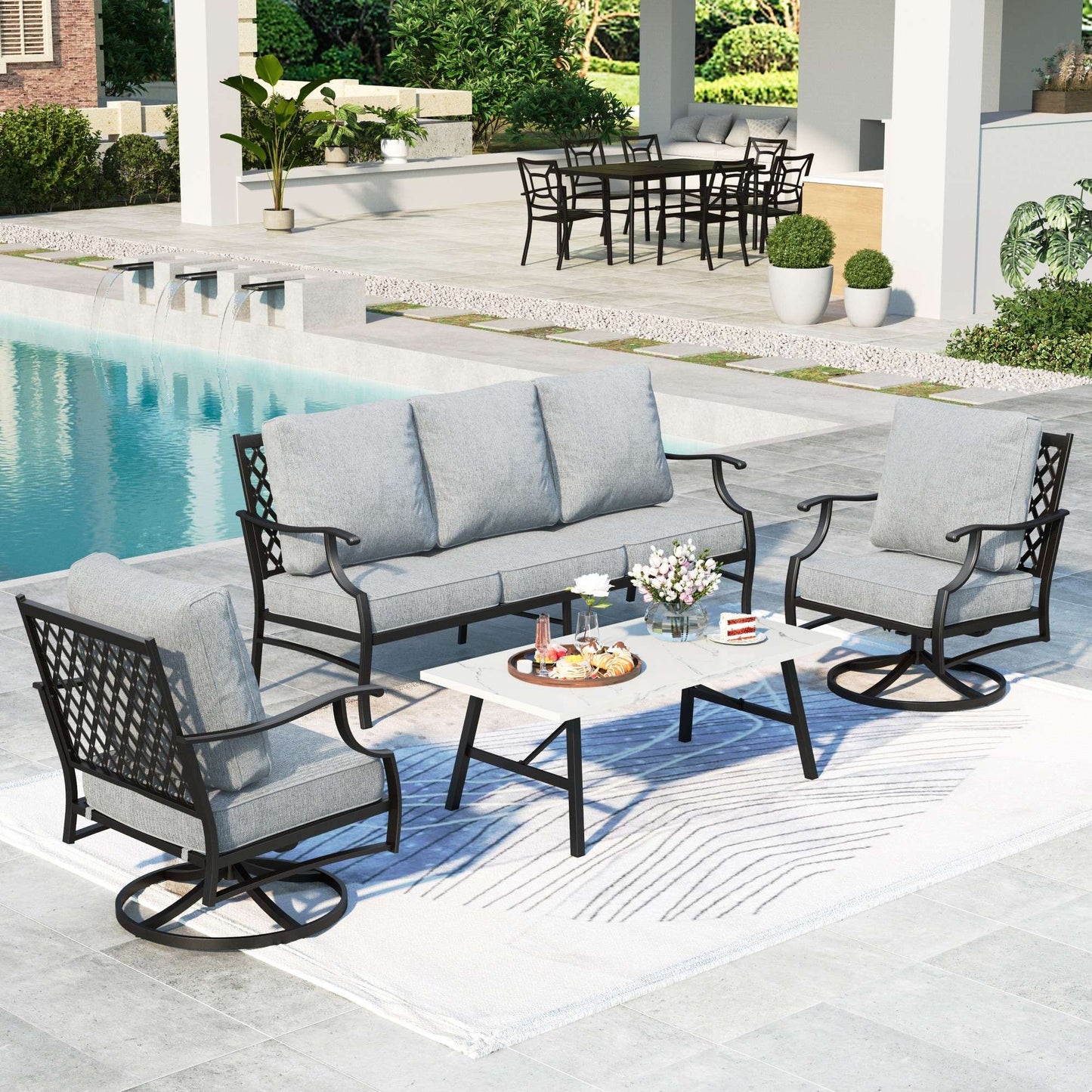 Summit Living 5-Seater Patio Conversation Set Metal Outdoor Furniture Set with Swivel Chairs and Table - Gray