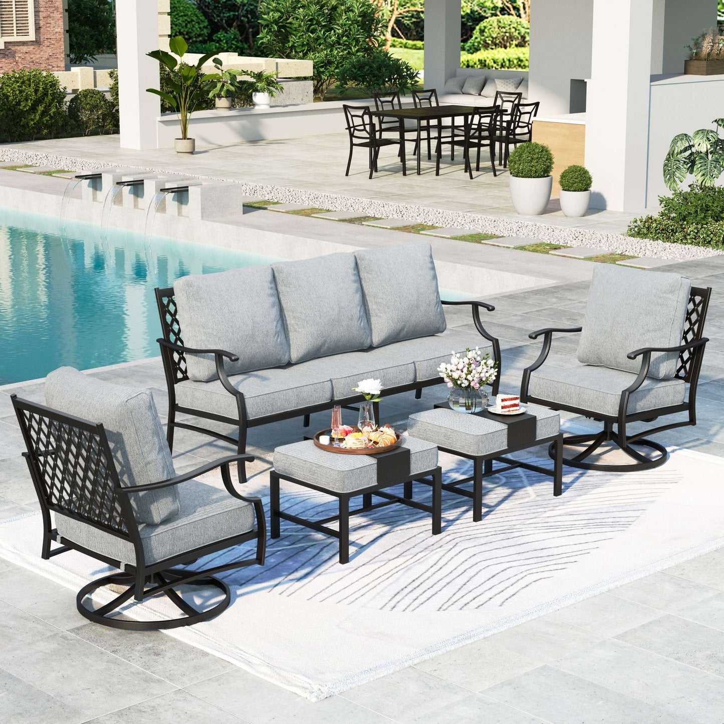 Summit Living 7-Seater Patio Conversation Set Metal Outdoor Furniture Set with Swivel Chairs and Ottomans - Gray