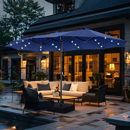 Summit Living 15 FT Double-Sided Solar Patio Umbrella with Base Large Outdoor Umbrella with LED Solar Lights - Haze Blue