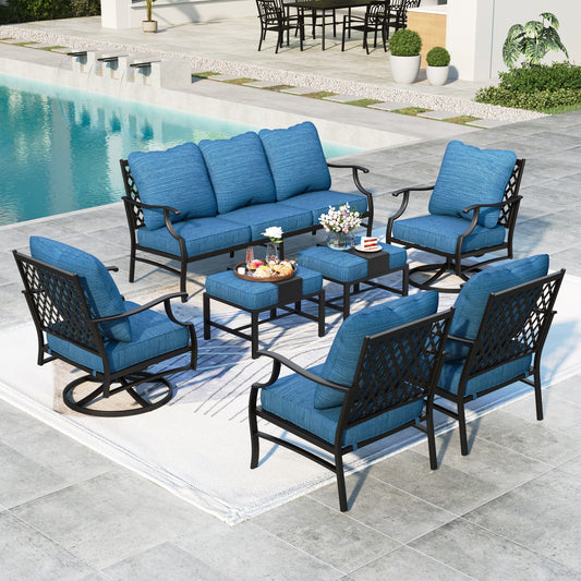 Summit Living 9-Seater Patio Conversation Set Metal Outdoor Furniture Set with Swivel Chairs and Ottomans - Peacock Blue