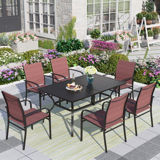 MF Studio 7-Piece Outdoor Dining Set with Rectangle Steel Table&Textilene Chairs for 6-Person, Black&Red