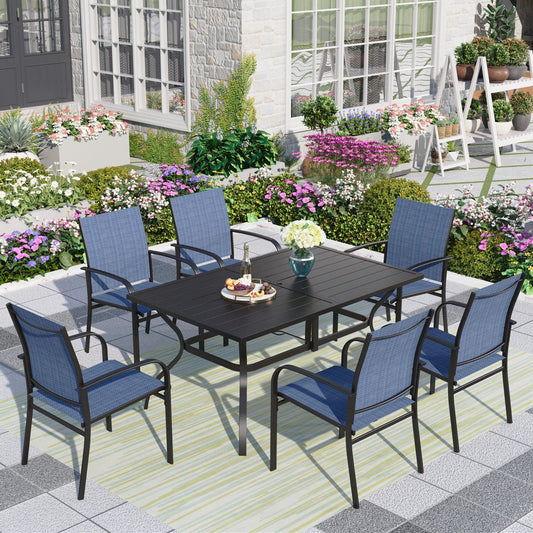 MF Studio 7-Piece Outdoor Dining Set with Rectangle Steel Table&Textilene Chairs for 6-Person, Black&Blue